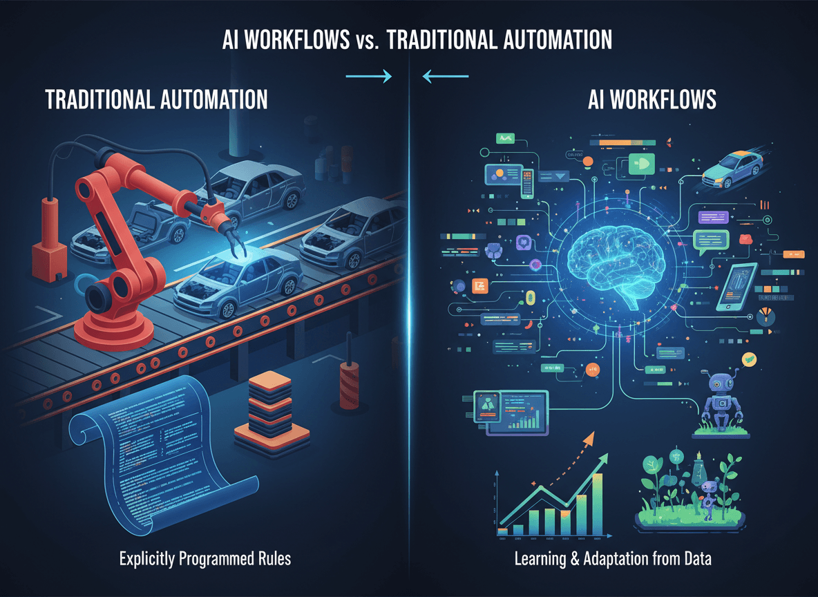 Traditional Automation Examples AI Workflows vs Traditional Automation: Key Differences | Dversi